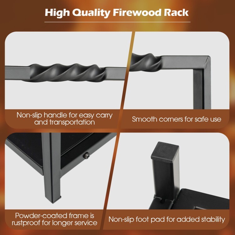 Heavy-duty Steel Firewood Storage Rack Log Holder w/Unique Handle & Raised Feet