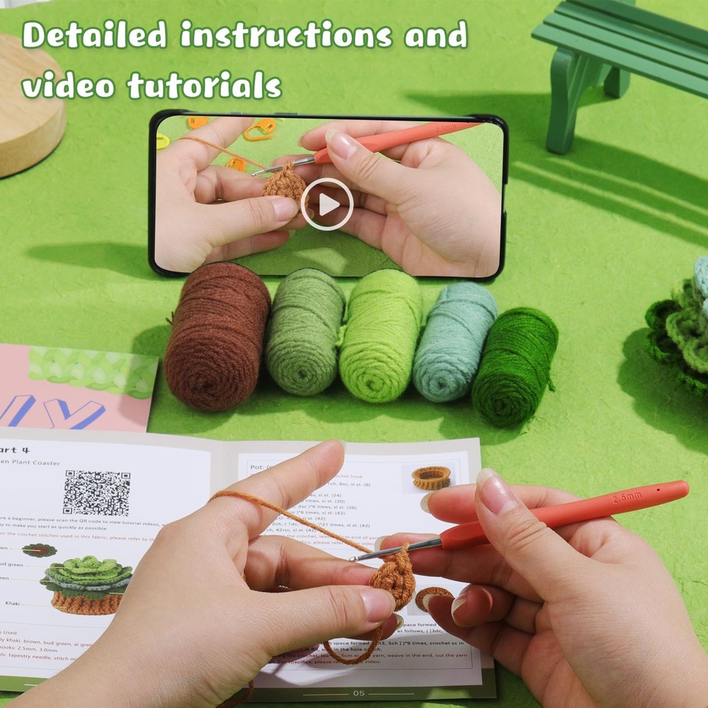Crochet Kit for Beginners Plant Coasters Easy Learning Hook Yarn Set