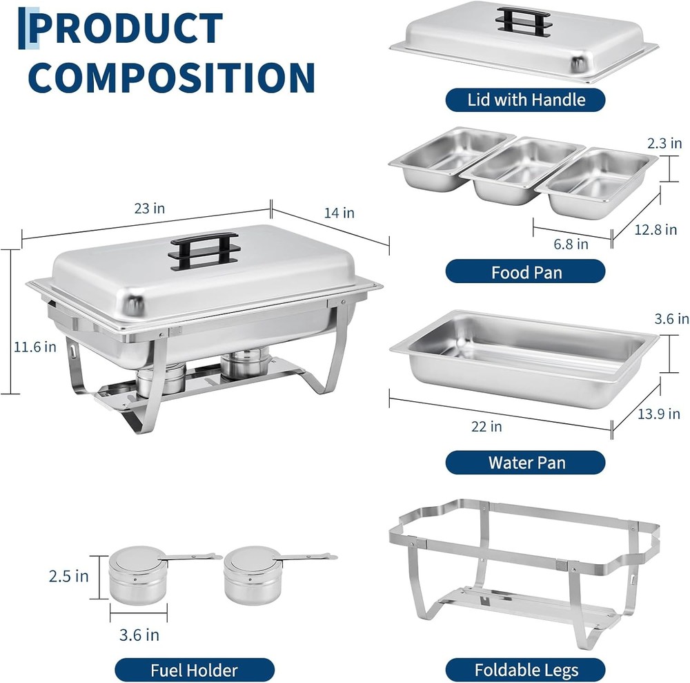 4-Pack 3-Well Chafing Dish Buffet Set, Stainless Steel Rectangular Chafing Dish