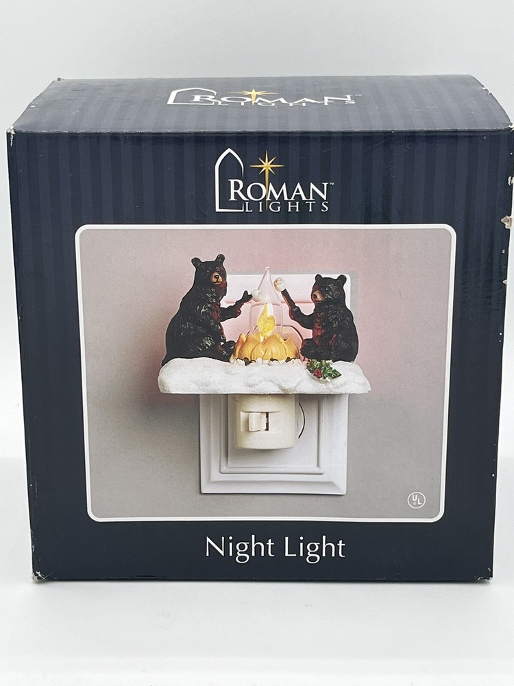 Roman Lights Night Light Plug in Bears Roasting Marshmallows Flickering Light