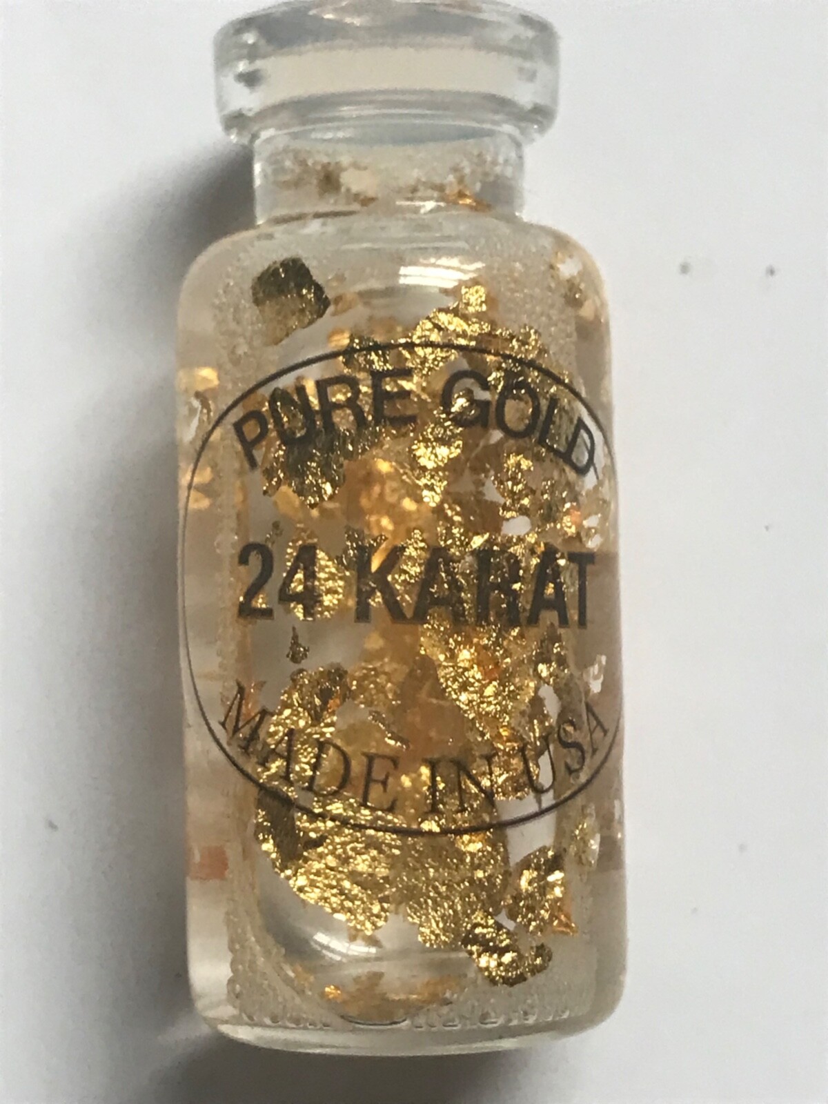 Pure Gold Flake 24 Karat Bottle Vial 1 1/2" x 5/8" Made USA Real Leaf Specimen