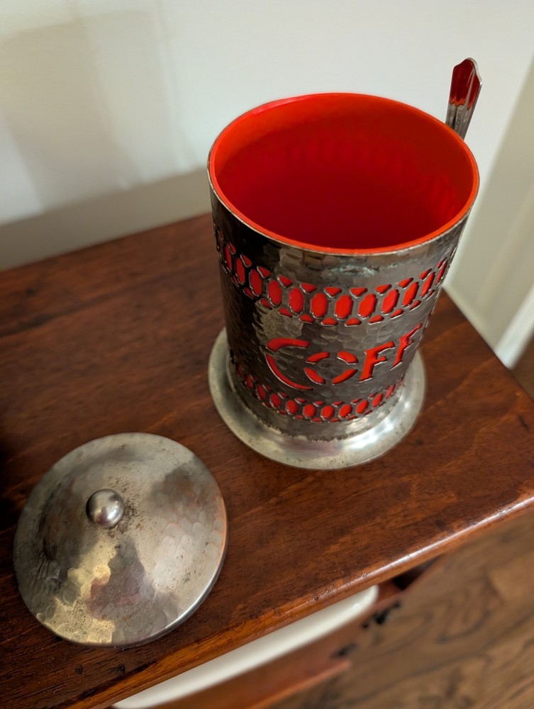 Vintage Silver Plate Coffee Canister w/Spoon, Lid & Red Plastic Insert