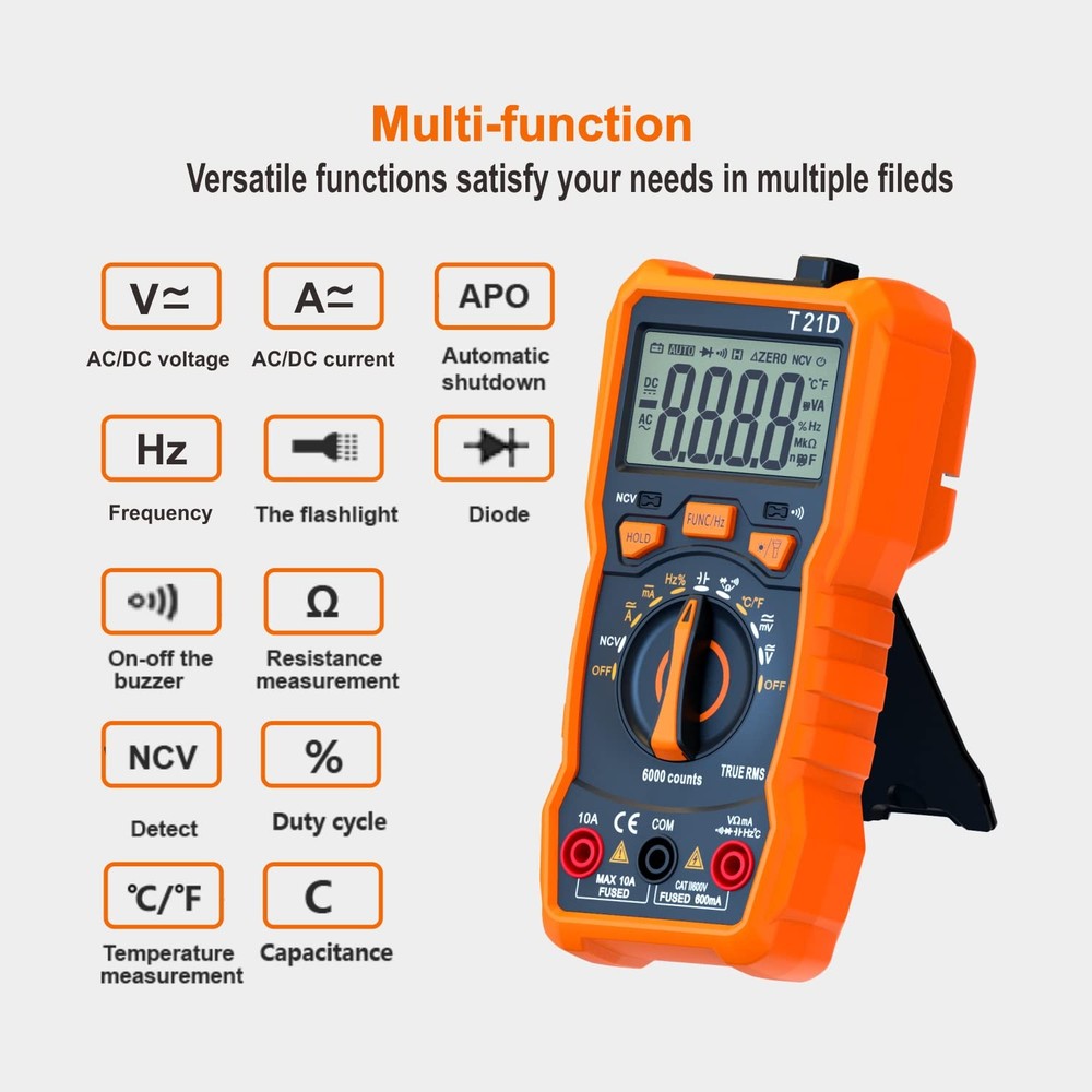 Auto-Ranging Digital Multimeter, TRMS 6000 Counts AC DC Orange and black