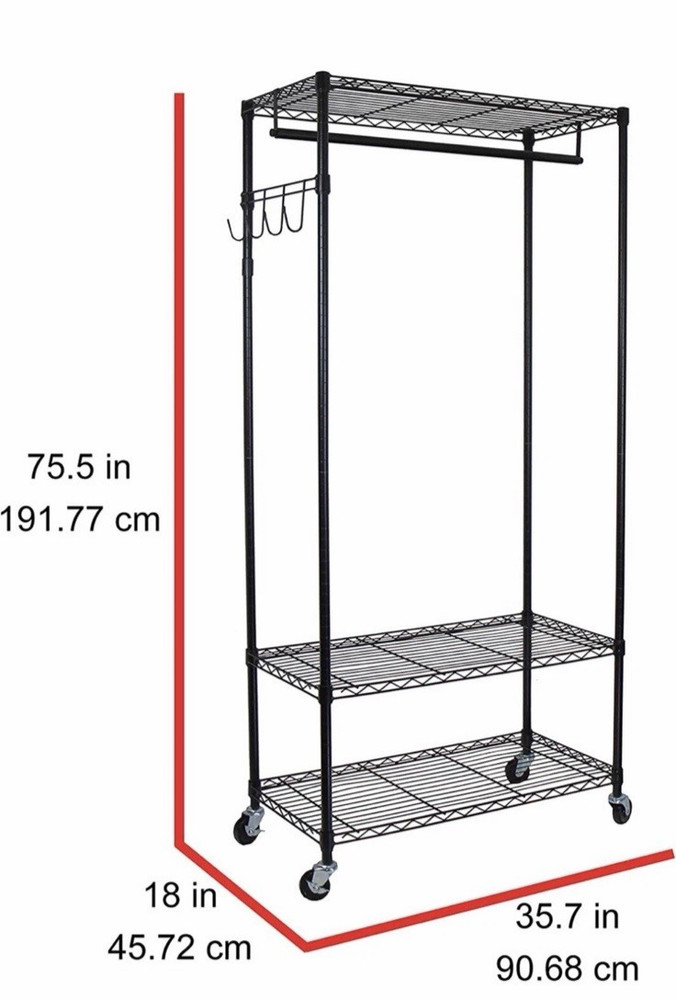 Heavy Duty Rolling Garment Rack Adjustable Shelves Hooks Black