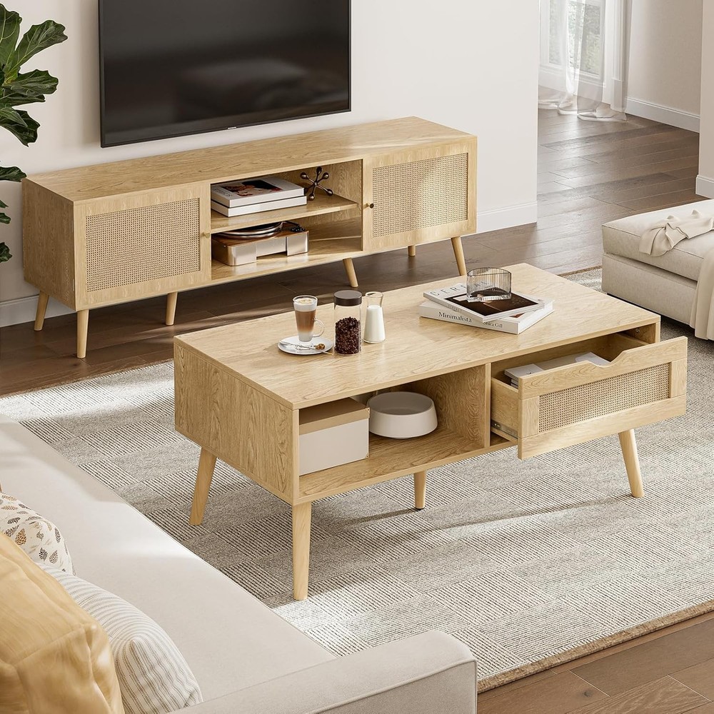 Coffee Table W/ Storage Boho Dining Table W/ Rattan Drawer & Solid Wood Legs
