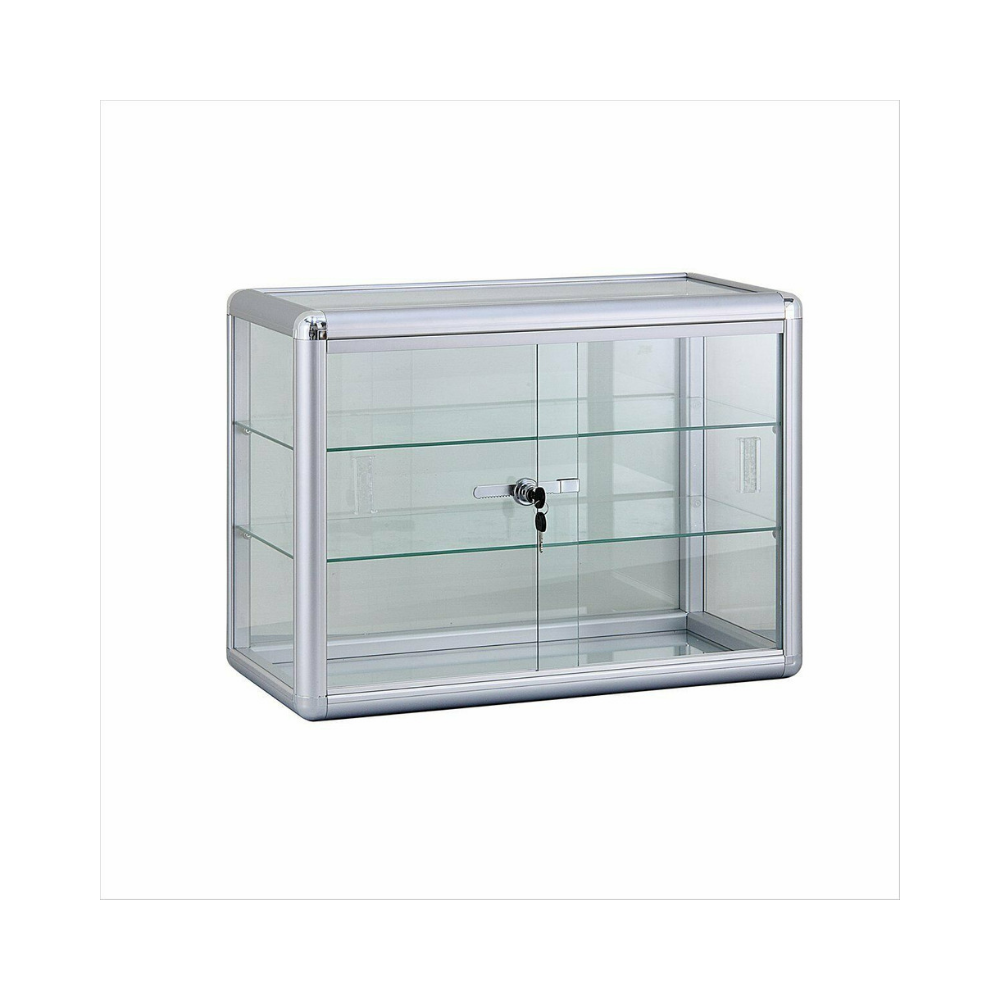 Aluminum Framed Tempered Glass Counter Top Display Case with Shelves and Lock