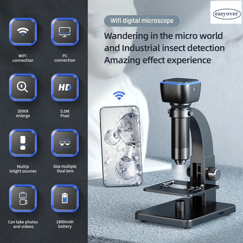 2000X Dual Lens WiFi Digital Microscope 10 LED Support Android IOS USB Computer