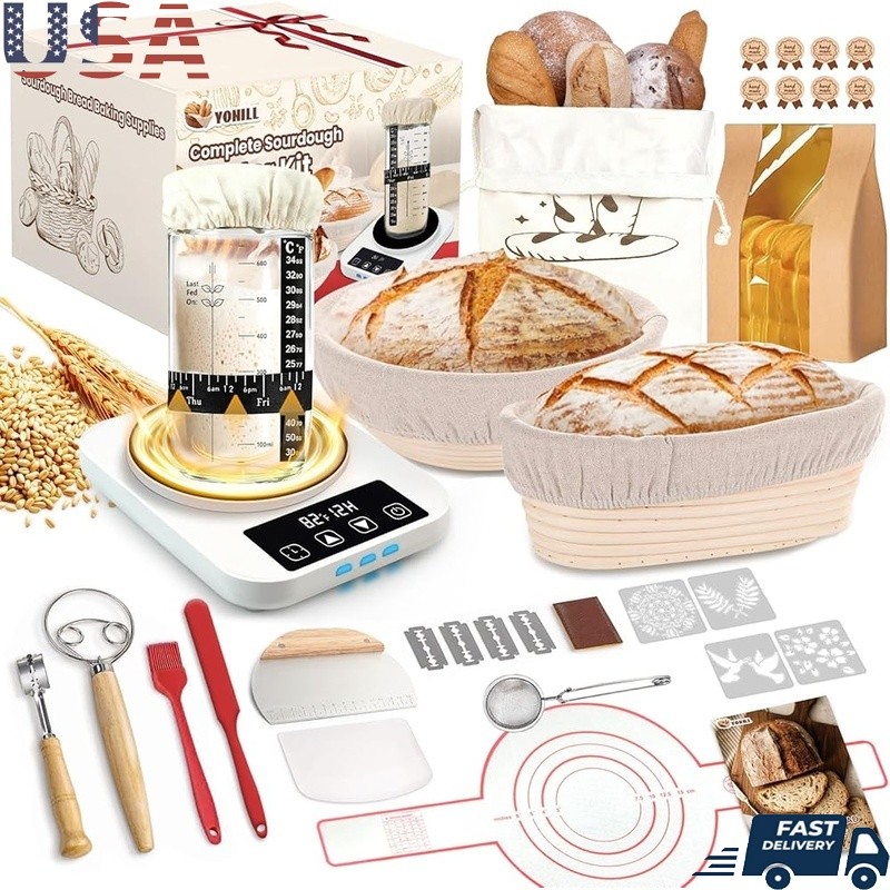 Complete Sourdough Bread Baking Kit W/ Proofing Baskets Starter Warmer Tools New
