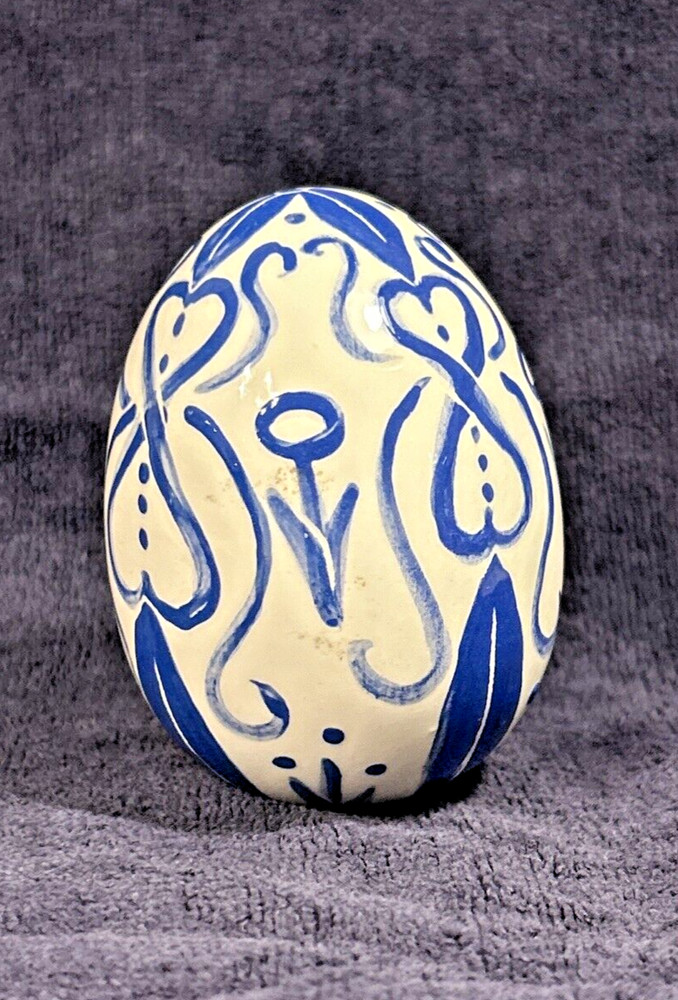 Ceramic Egg Small Folk Art Glazed Blue on White
