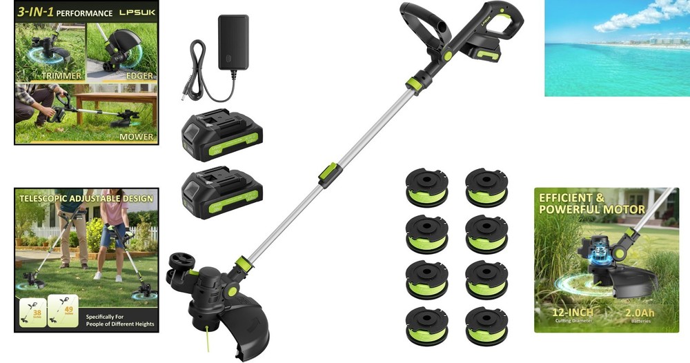 Powerful 12” String Trimmer with Auto Line Feed - Includes 2 Batteries & Charger