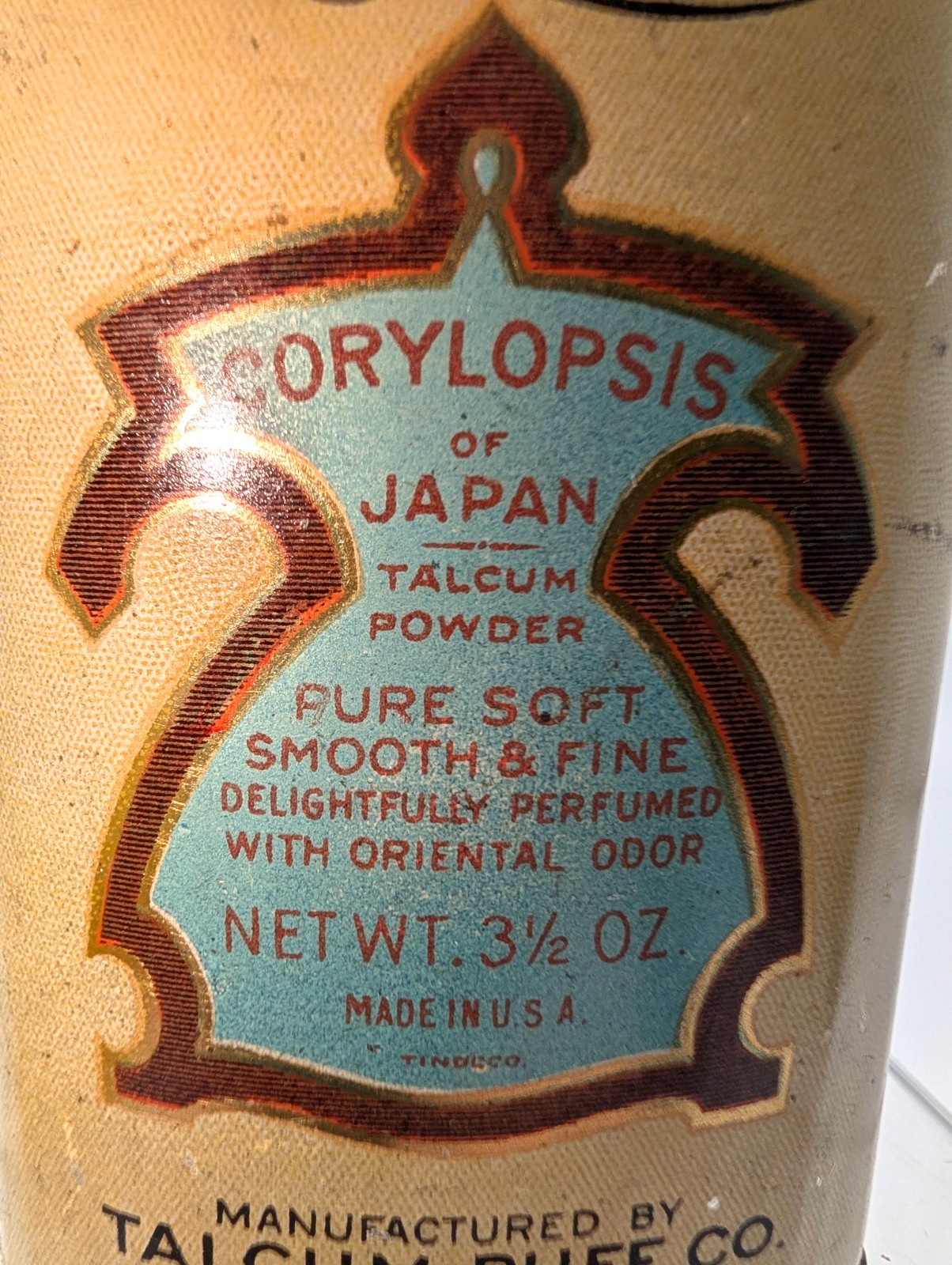 VTG AIR FLOAT CORYLOPSIS OF JAPAN TALC POWDER LITHO TIN CAN TALCUM CO.