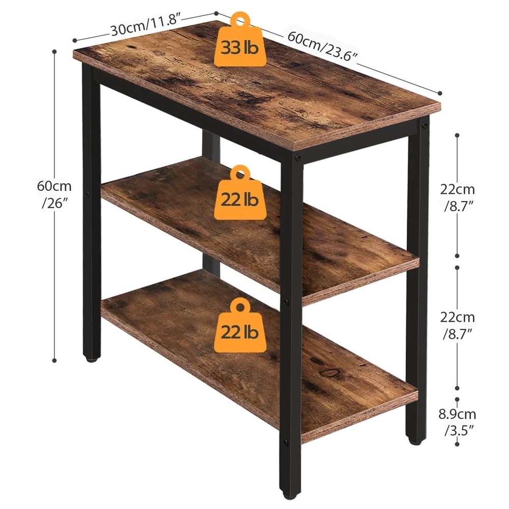End Table, Simple Rustic Side Table with 3-Tier Storage Shelf, Narrow Nightst...