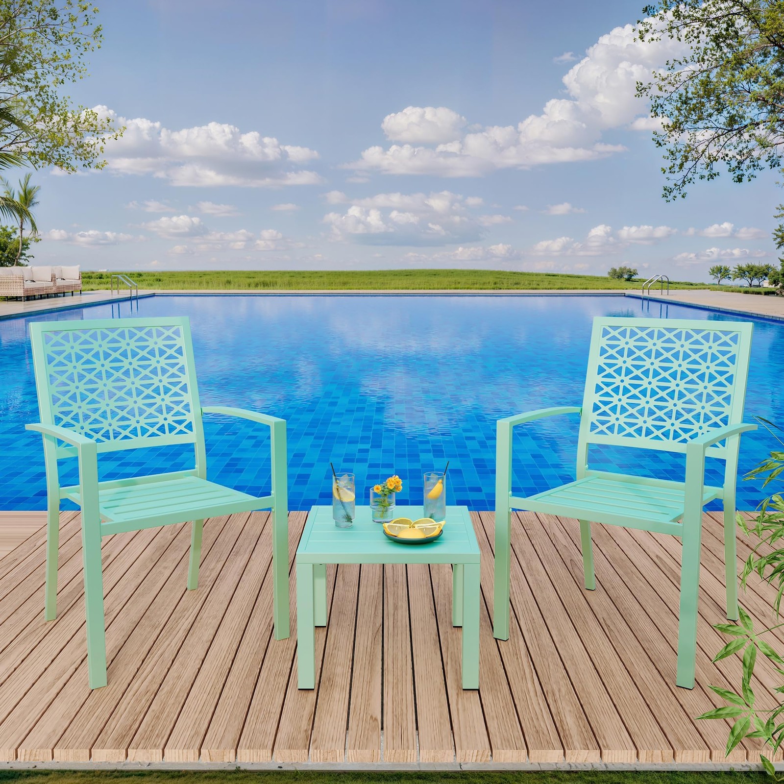 3-Piece Outdoor Bistro Set Stackable Patio Chairs Square Table Metal Light Green