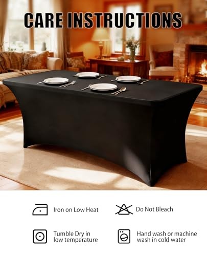 6FT Table Cloth - Pack Fitted Stretch Rectangle Spandex Tablecloth, 2 Black