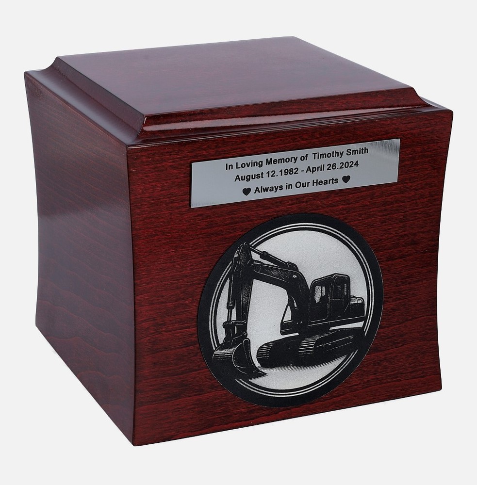 Theme urn for excavator operator, urn with excavator