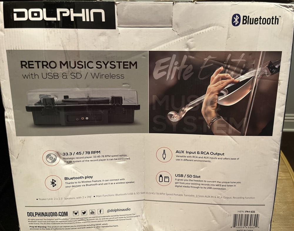 Dolphin PH-101 Retro Turntable Vinyl Record Player +Bluetooth/USB/SD. OPEN BOX