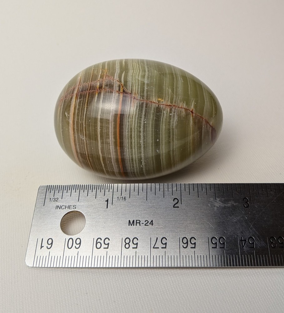 Vintage Polished Stone Egg – Olive Green w/ Natural Stripe Pattern – 2.75" Wide