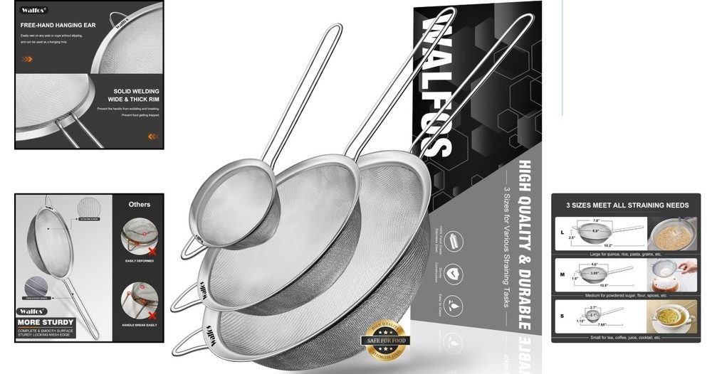 Essential 3-Sized Fine Mesh Strainers Set - Sturdy Design for Easy Kitchen Tasks