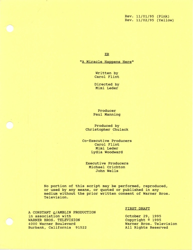 *ER - A MIRACLE HAPPENS HERE (1995) Revised First Draft Script DTD 10/29/95