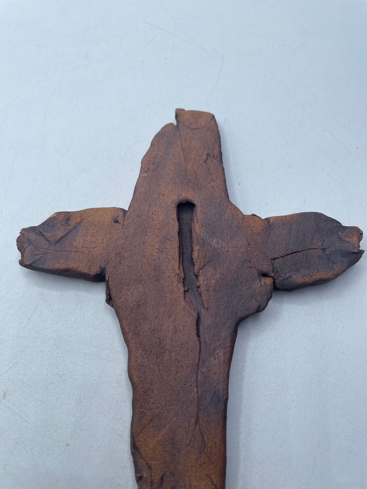 Handmade Abstract Pottery Cross Brown Signed Hanging