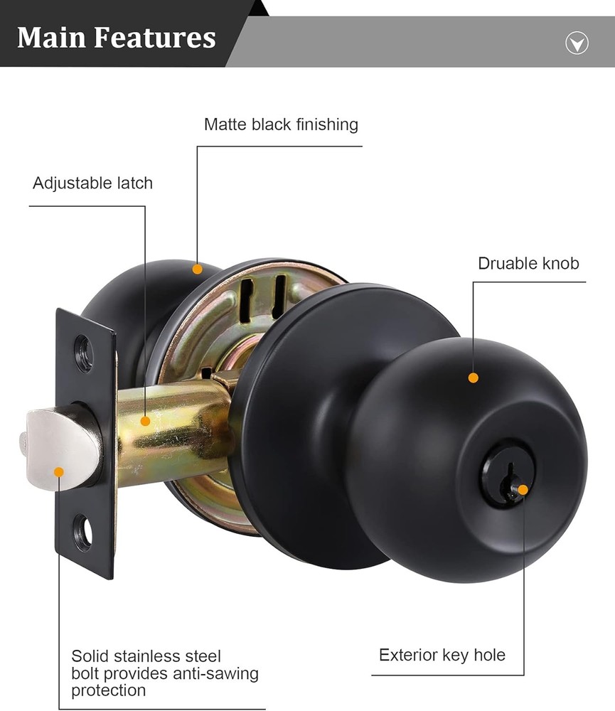 Lanwandeng Matte Black Door Knobs with Lock and Keys, 1 Pack, Entry Keys