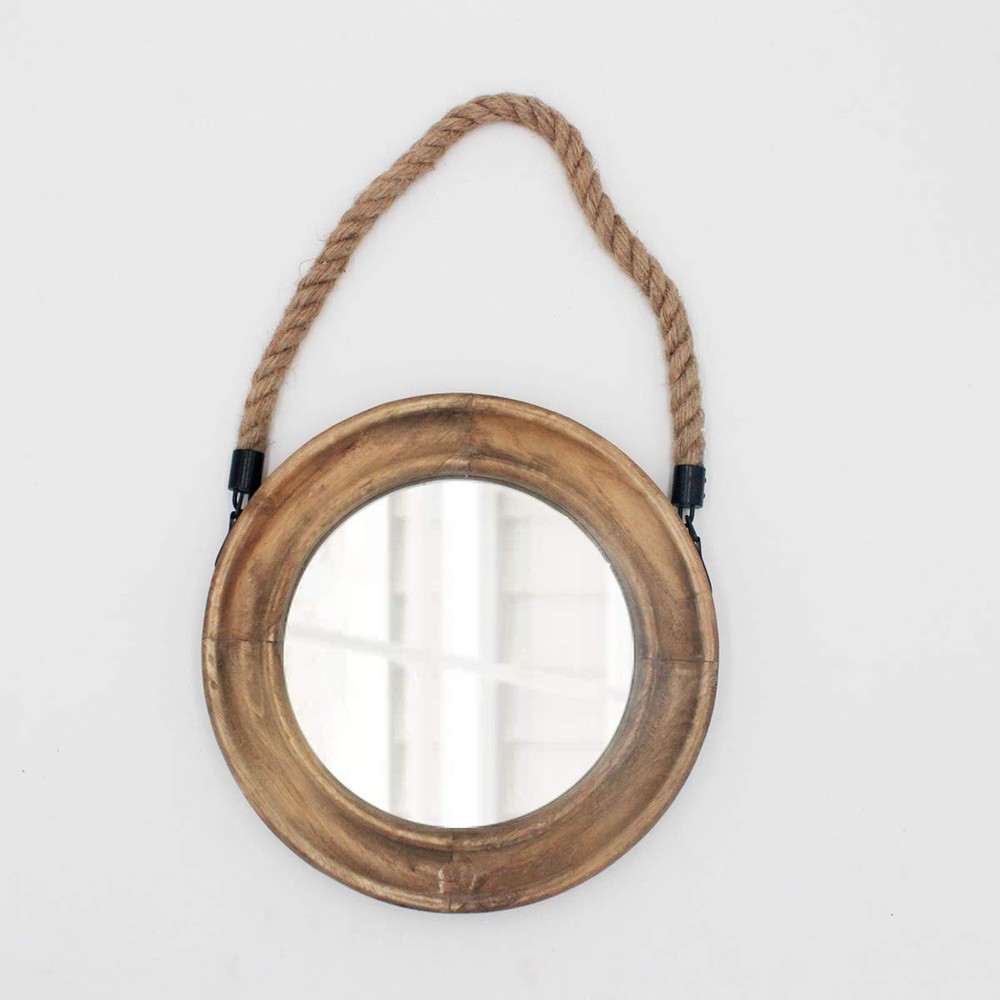 Rustic Round Decorative Mirror with Solid Wood Frame&Rope Hanging,Farmhouse A...