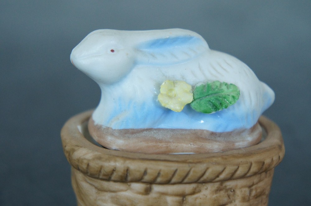 Vintage Bisque Easter Bunny Rabbit Lidded Basket Keepsake Trinket Box 2.5"