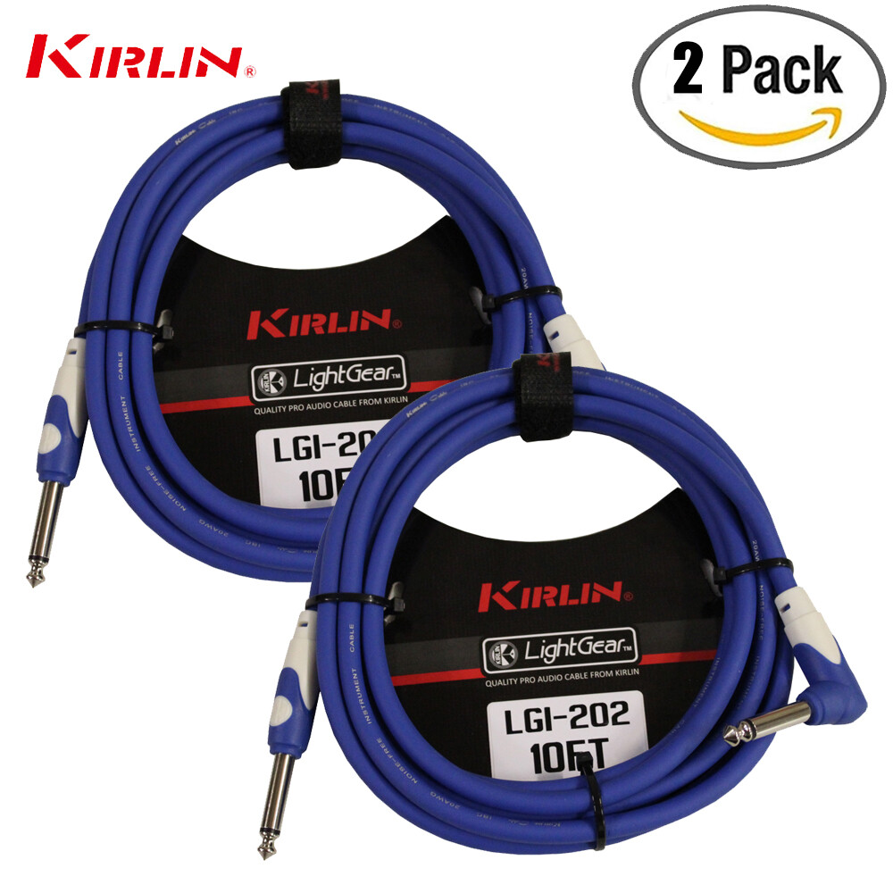 2-PACK Kirlin 10FT 1/4" Straight to Right Angle Instrument Guitar Cable Blue