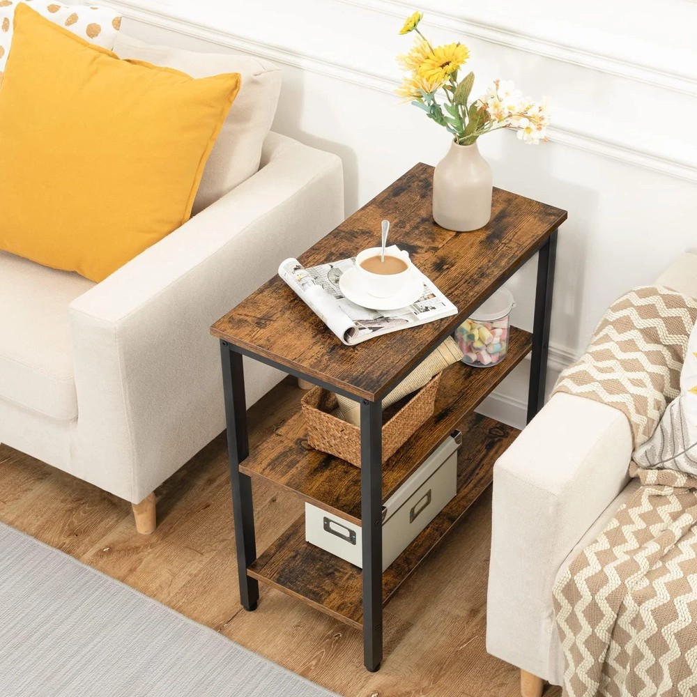 End Table, Simple Rustic Side Table with 3-Tier Storage Shelf, Narrow Nightst...