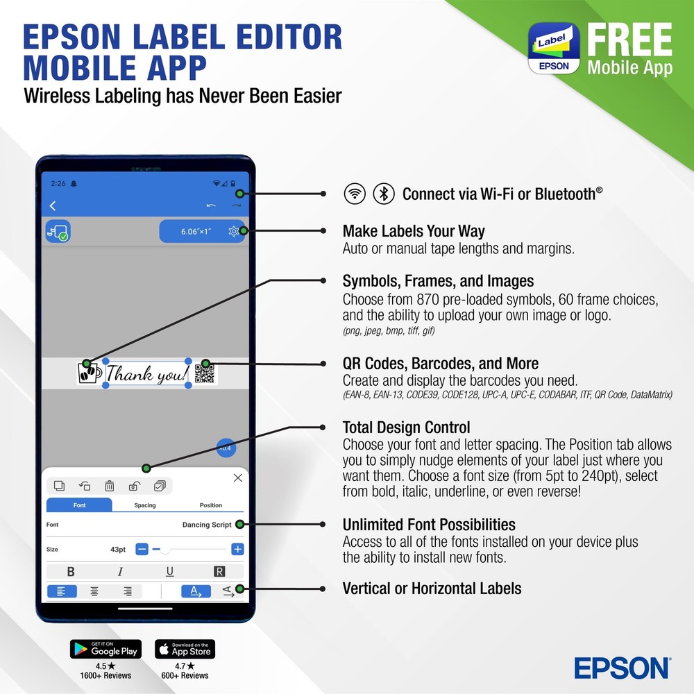 Epson LW-C610PX-BLK Premium Portable Bluetooth Label Machine Printer with AC ...