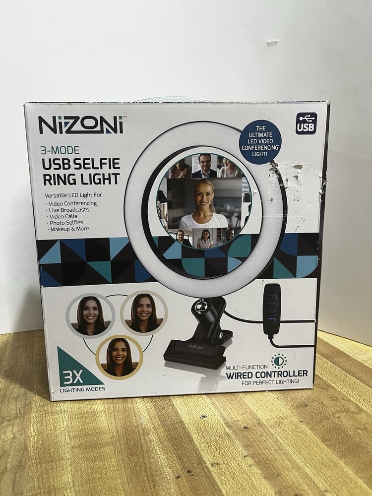 Nizoni 3-Mode USB LED Selfie Ring Light, Clamp Mount, Wired Controller, 104 LEDs