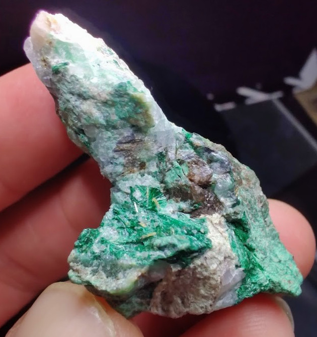 Green Fibrous Malachite w/ Pale Bluish UV Fluorite Mineral Specimen - Somers CT