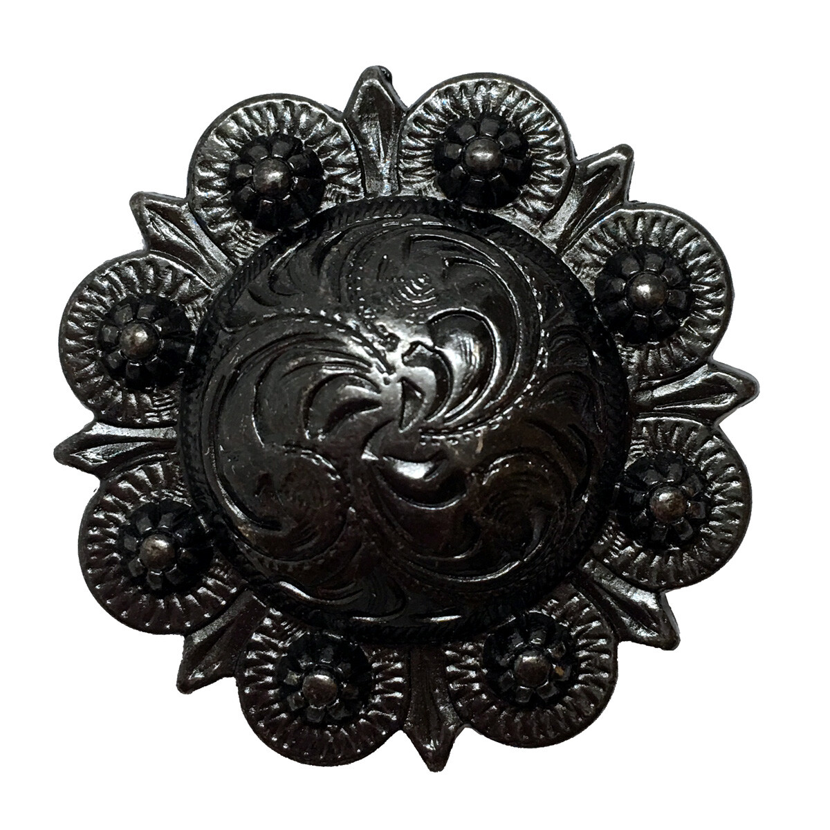 Set of 6 WESTERN SADDLE HORSE TACK BLACK GUN ENGRAVED BERRY CONCHOS SCREW BACK