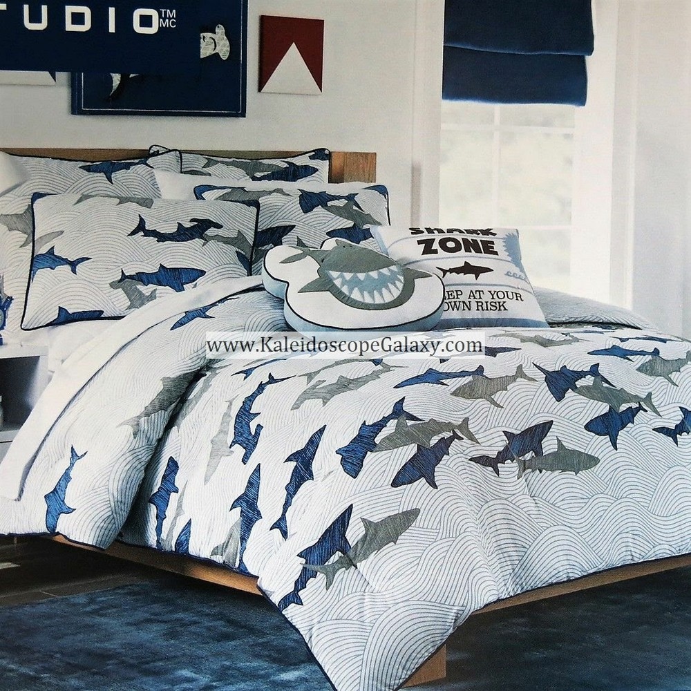 SHARK 9pc FULL/QUEEN COMFORTER ~ BLUE GRAY WHITE SHARKS ~ SHEETS