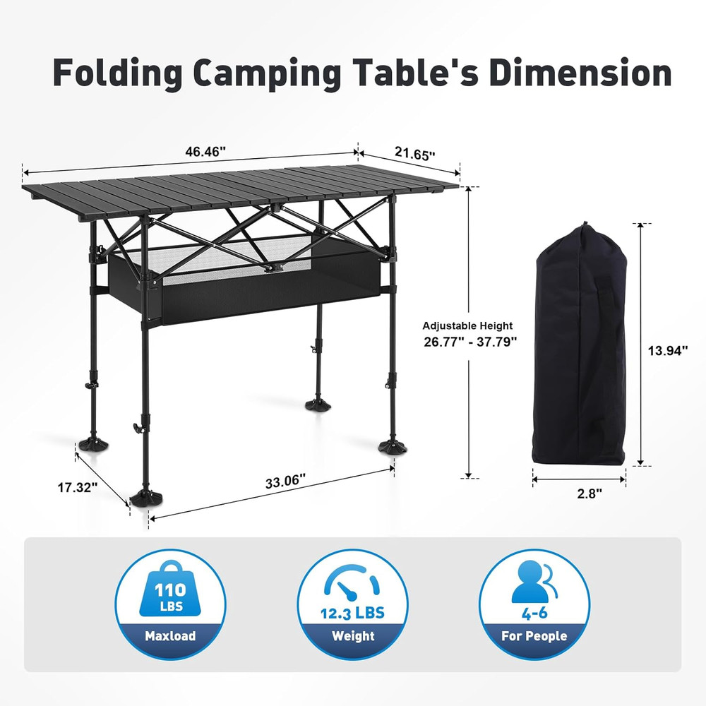 Folding Camping Table, Portable Roll-Up Table with Adjustable Height, Large Stor