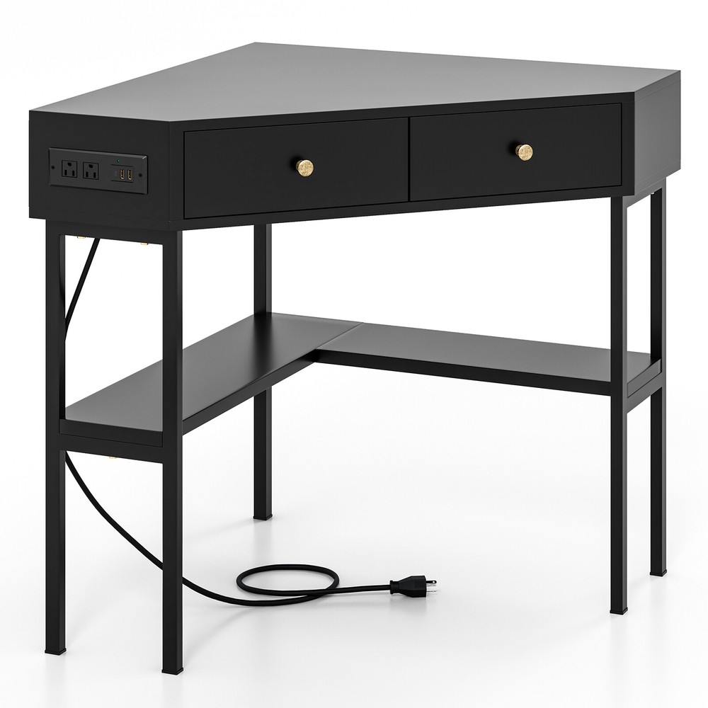 Costway Corner Computer Desk Writing Workstation Study Desk w/ 2 Drawers Black