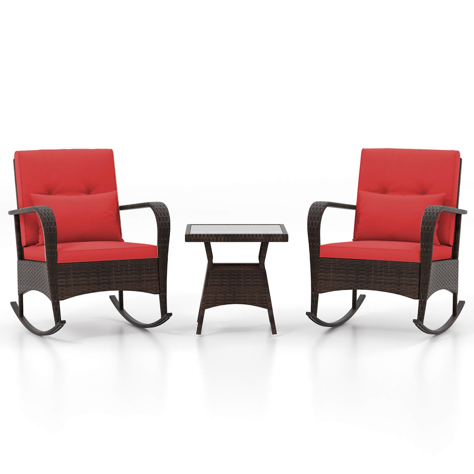 3 PCS Rocking Bistro Set w/Removable Cushions & Tempered Glass Top Coffee Table