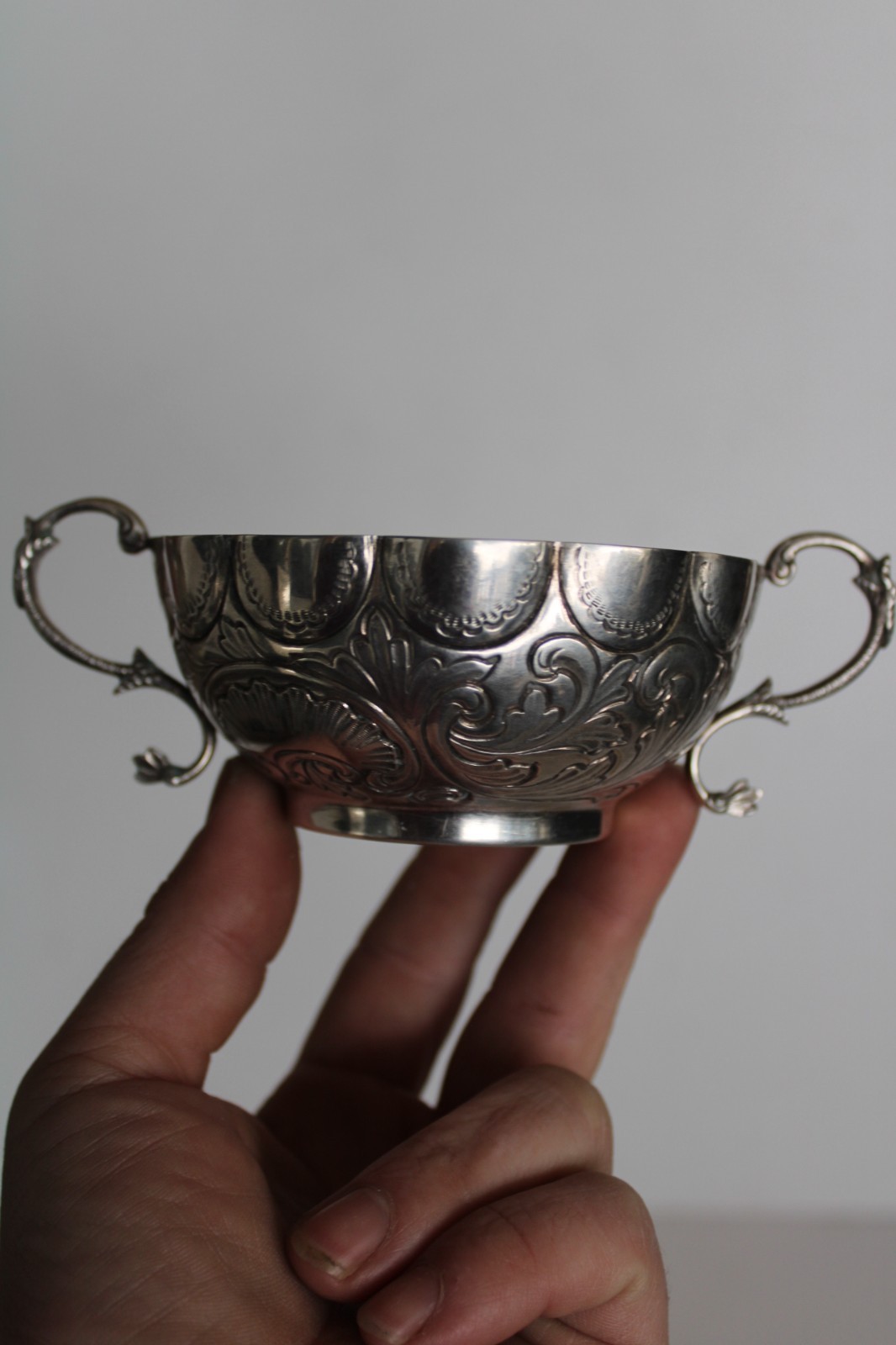 Antique 19th Century Silver Portuguese Bernegal Repousse Handled Religious Cup