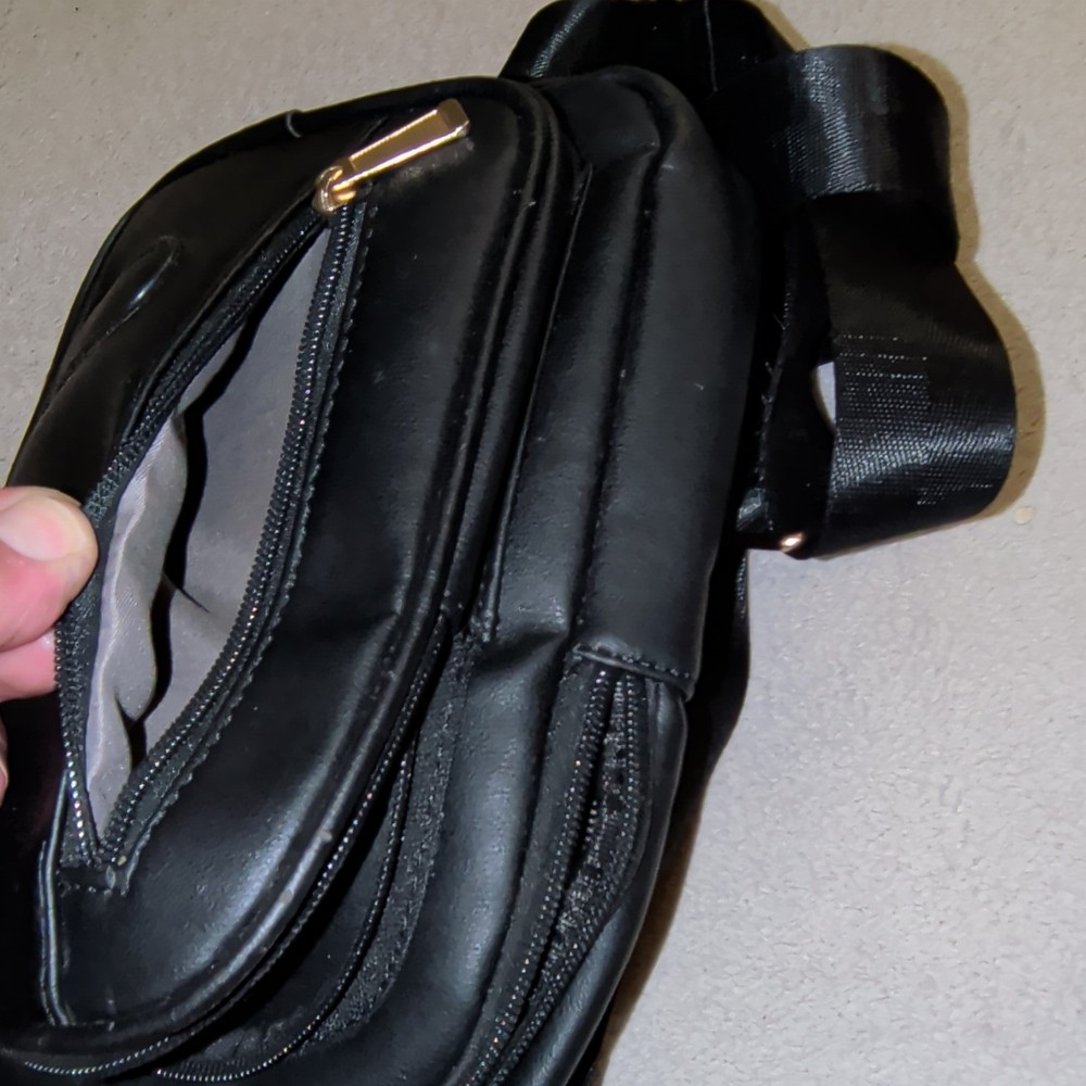 Black Belt Bag Sling Crossbody, Zip Closure Outer Pockets, Adjustable Strap