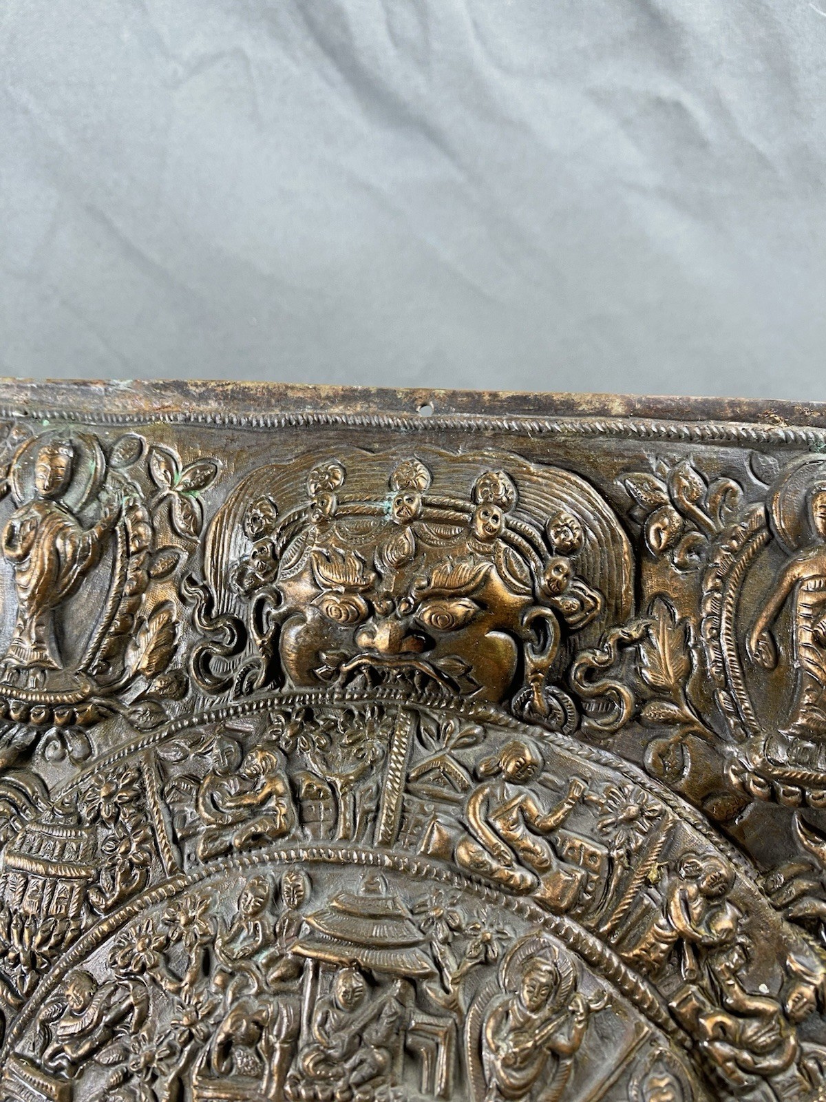 Antique Tibetan Zodiac Repousse Copper Panel Mandala Demonic Deity 10x8”