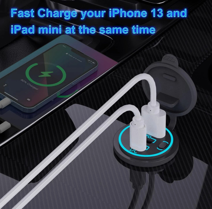 12V-24V QC3.0 + PD USB C Car Fast Charger Power Socket Outlet for Boat RV Marine