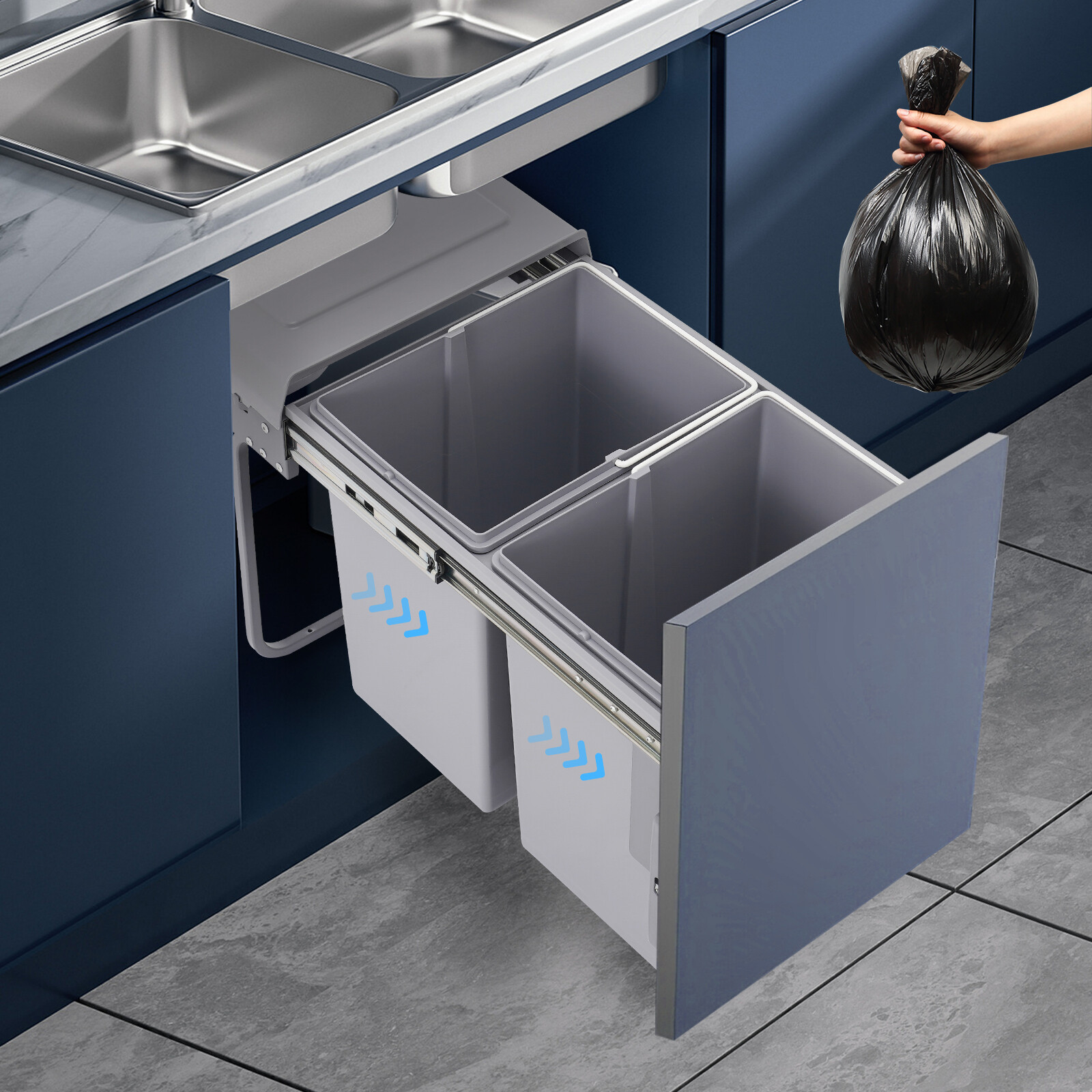 4.4Gal Under Cabinet Dual Pull-Out Trash Can Kitchen 20L Sliding Waste Bin Grey
