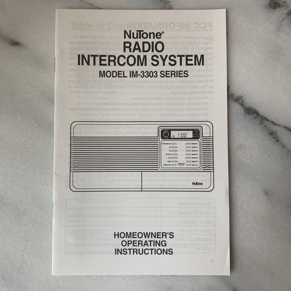 NuTone IMA-3303 Operating Instructions Owners Manual