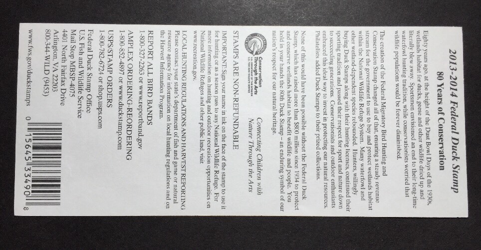 #RW80A 2013 - 2014 - US Federal Duck Stamp - Post Office FRESH