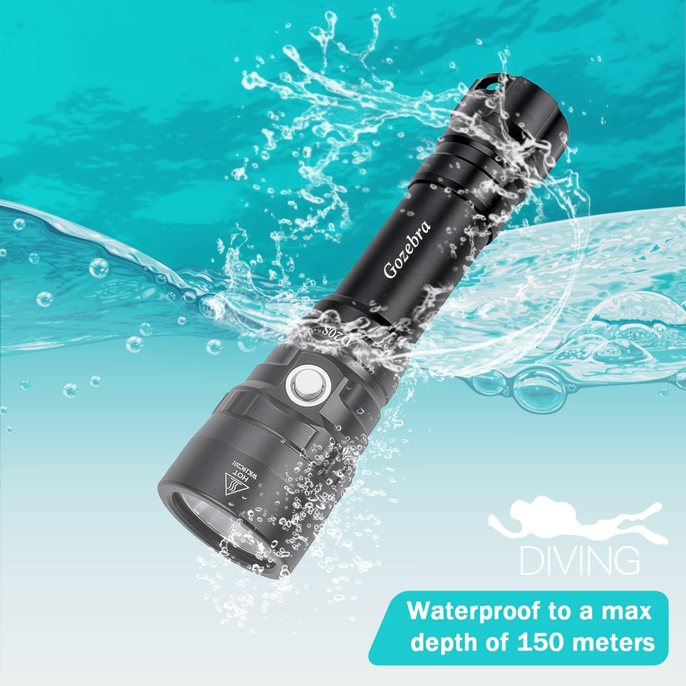 Dive Light, D20S 2000 Lumen Super Bright Scuba Diving Flashlight, Rechargeable D