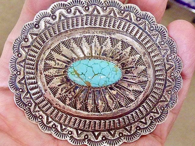 EARLY HAND STAMPED SIGNED NAVAJO STERLING SILVER SPIDER WEB TURQUOISE CONCHO