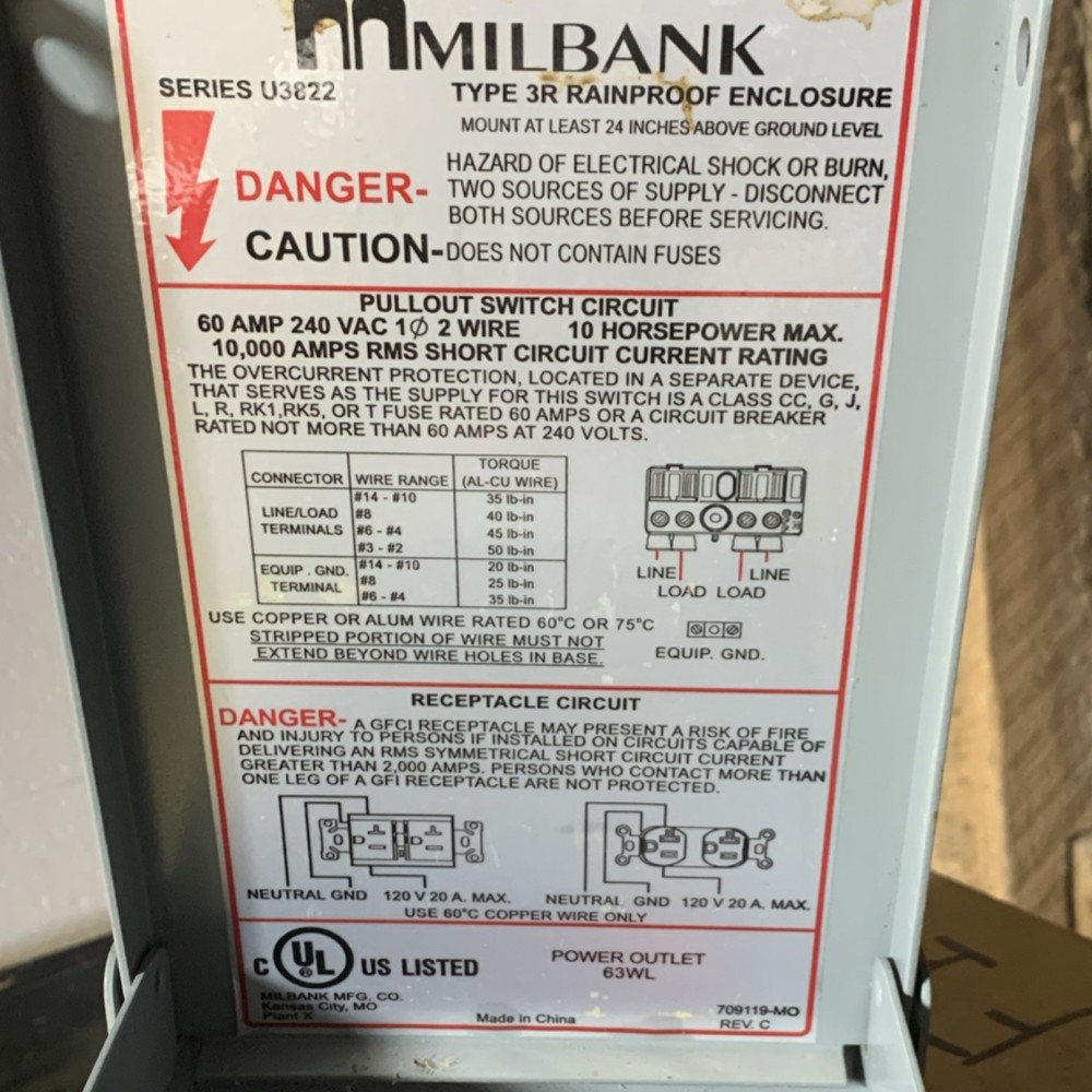 Milbank U3822 60A 240V Rainproof Pullout Disconnector Switch Type 3R