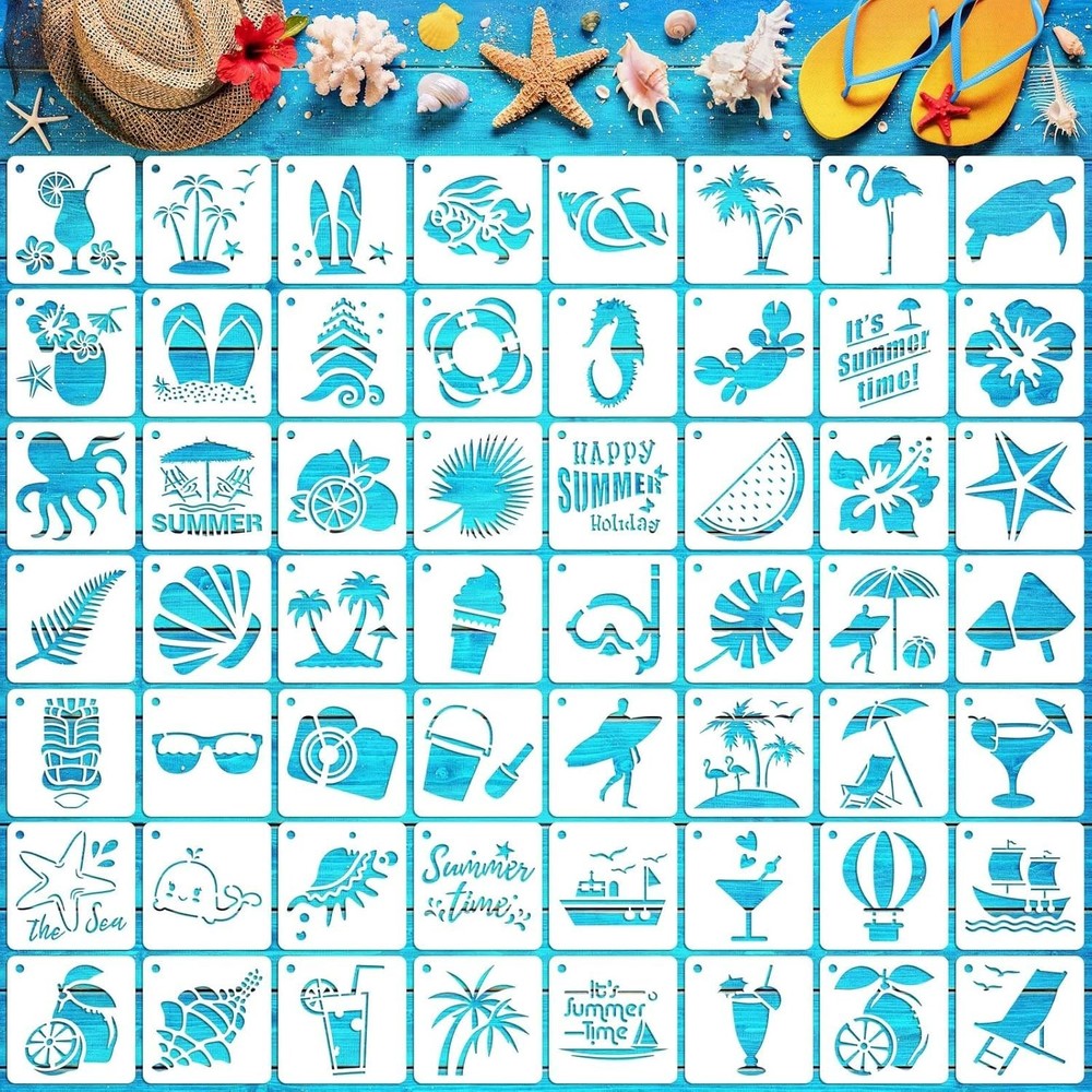 Reusable Beach Stencils Set - 56 Durable Ocean-Themed Patterns for Art Projects