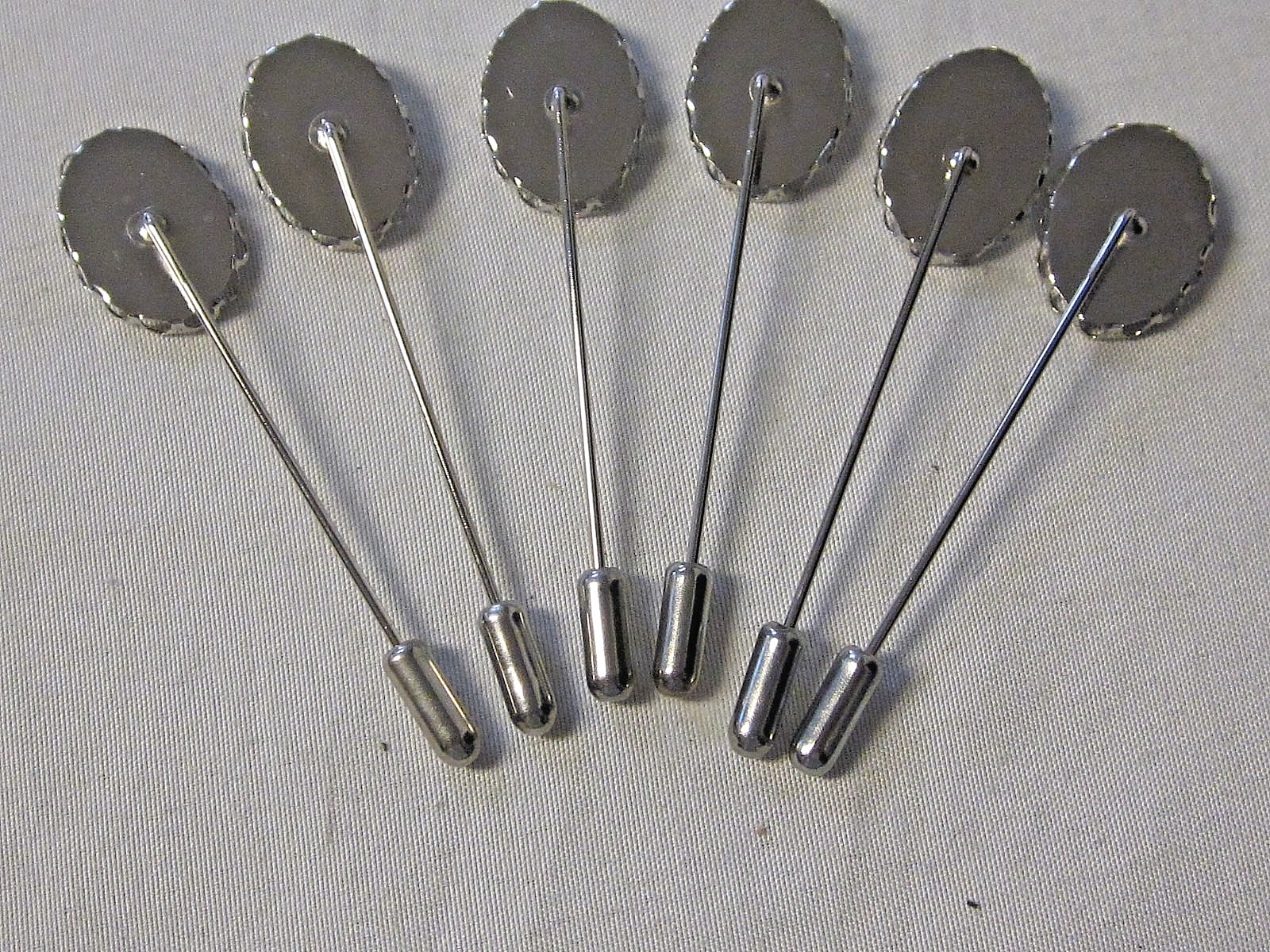 6 Bezel Stick Pins RHODIUM SILVER Plated 13X18mm Oval Cameo Settings w/ Clutches