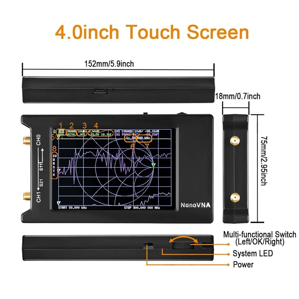 HF VHF UHF Antenna Analyzer 4" LCD Touch Screen